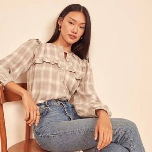 Reformation Plaid Button Down Shirt in Cream and Gray